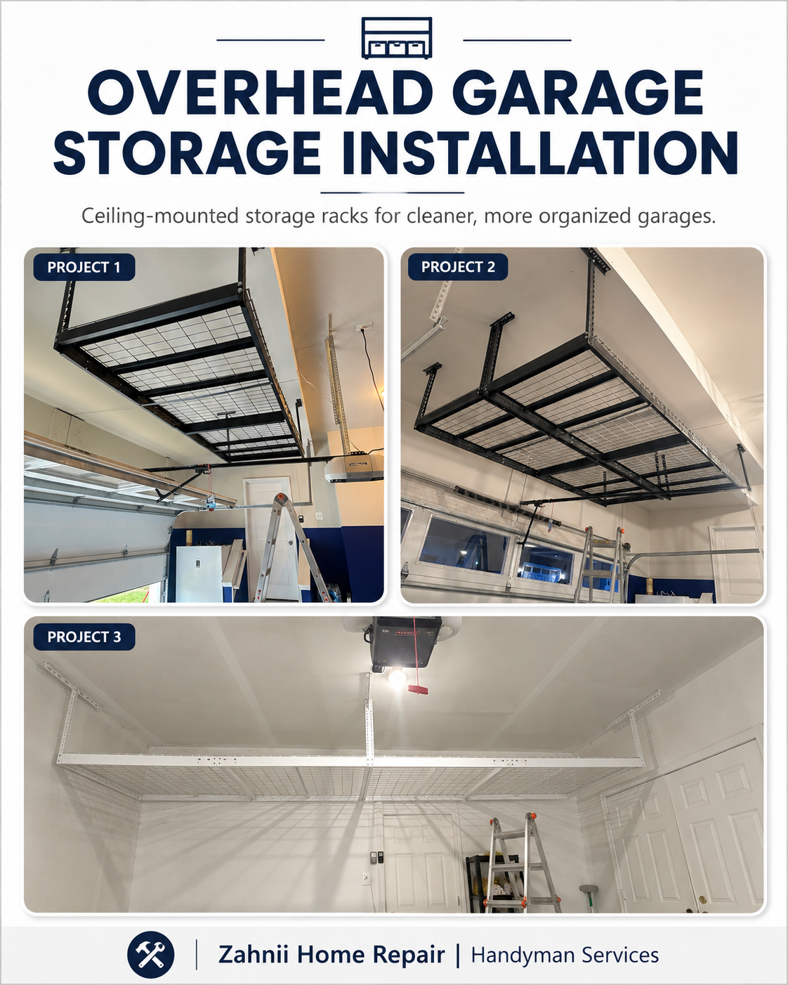 Overhead garage storage installation project by Zahnii Home Repair